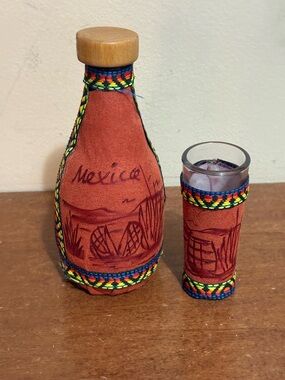 Mexico Souvenir Covered Liquor Bottle w/ Cork & Leather-Wrapped Shot Glass
